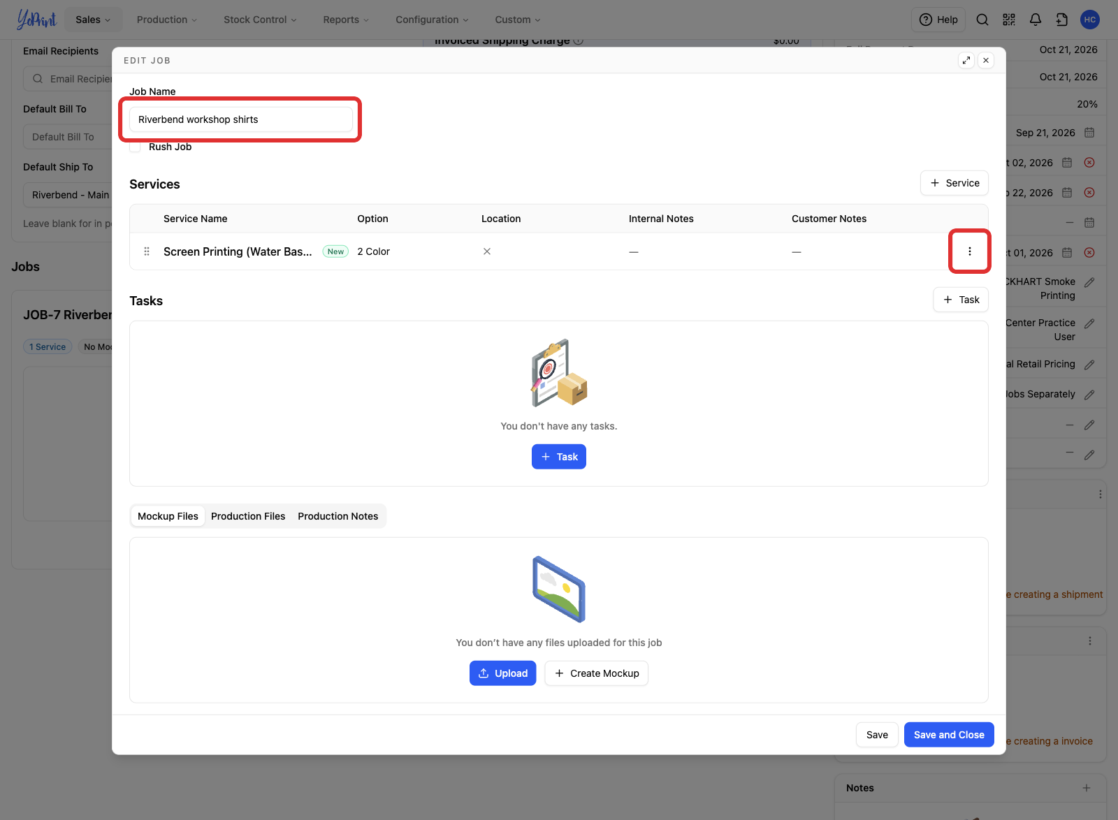 Edit Job with the job name and a service's menu marked