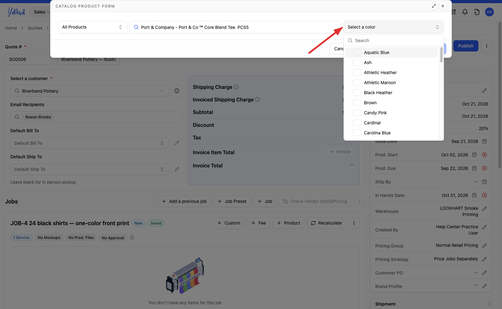 The color list open on the Catalog Product Form