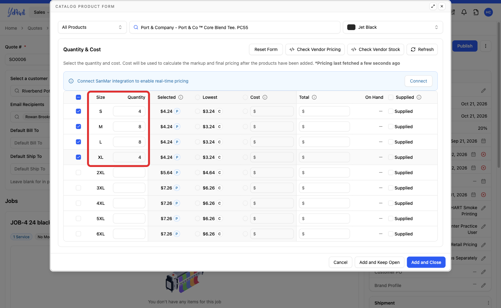 Size rows with quantities entered against S, M, L and XL