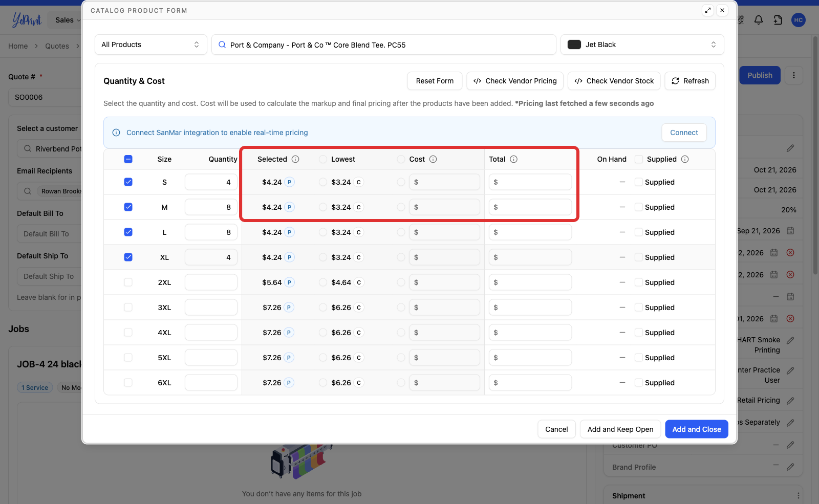 Selected, Lowest, Cost and Total on two size rows