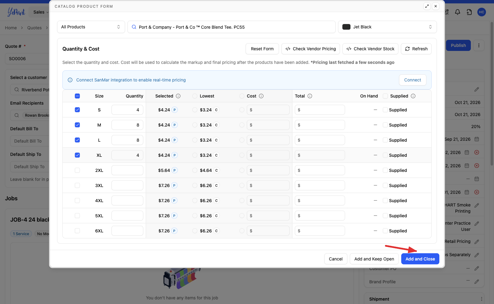 The product form footer with Add and Close marked