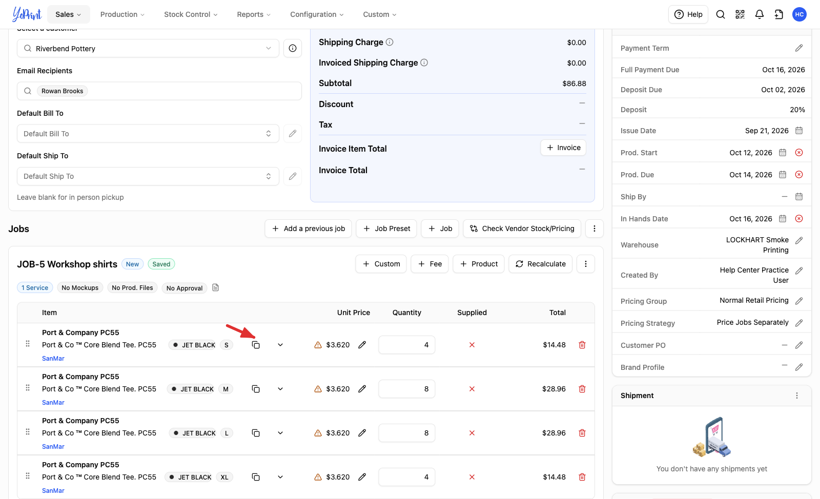 A saved product row with the copy control marked