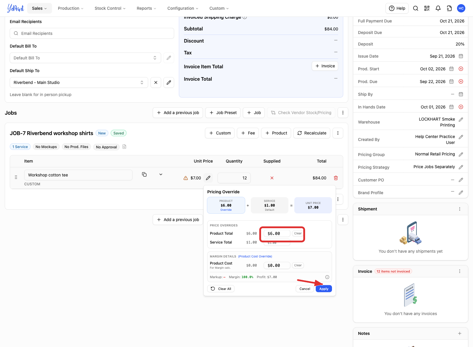 Pricing Override on a custom row, with Product Total and Apply marked