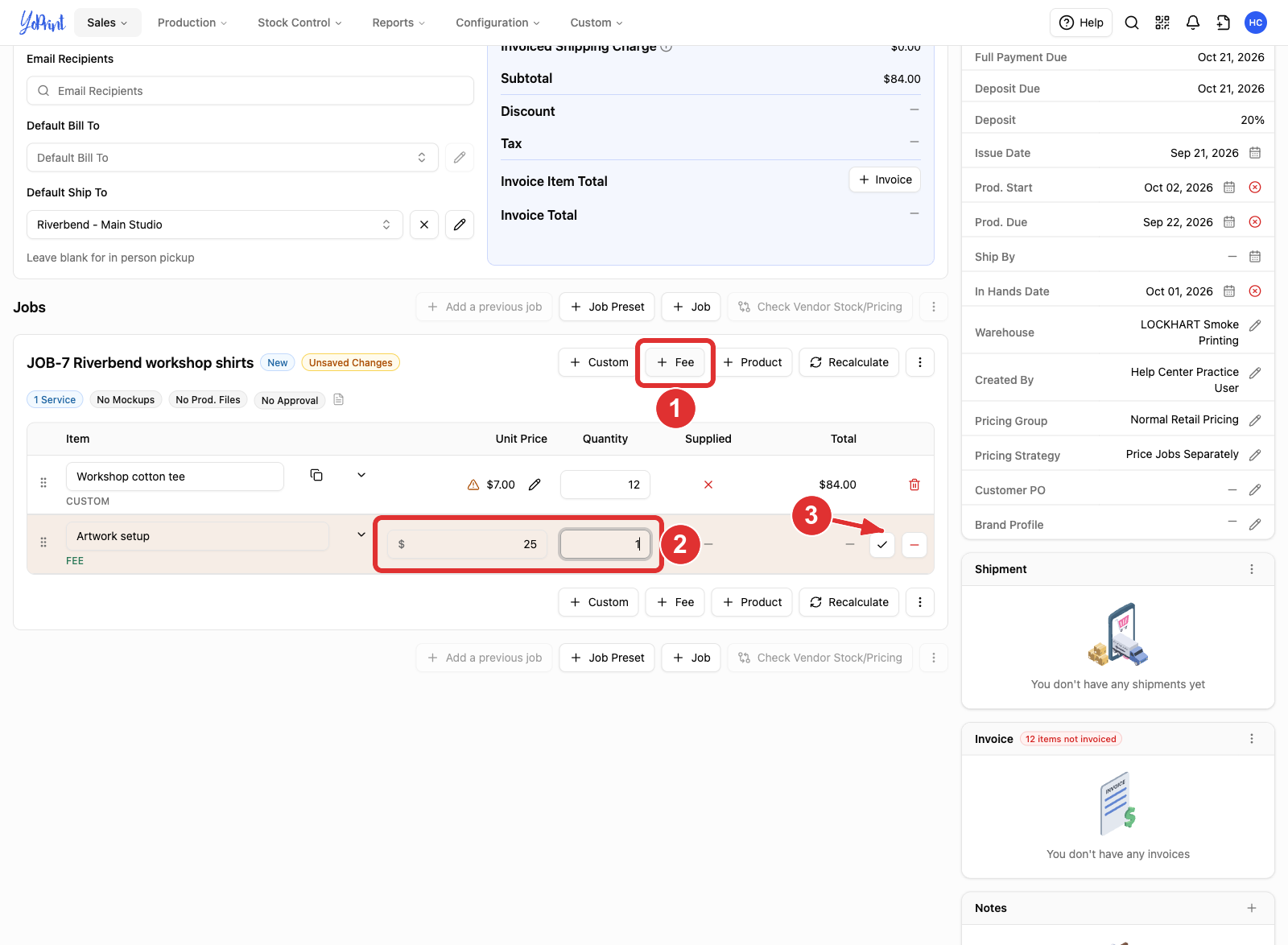 A pending fee row with + Fee, its amount and quantity, and Confirm numbered 1 to 3