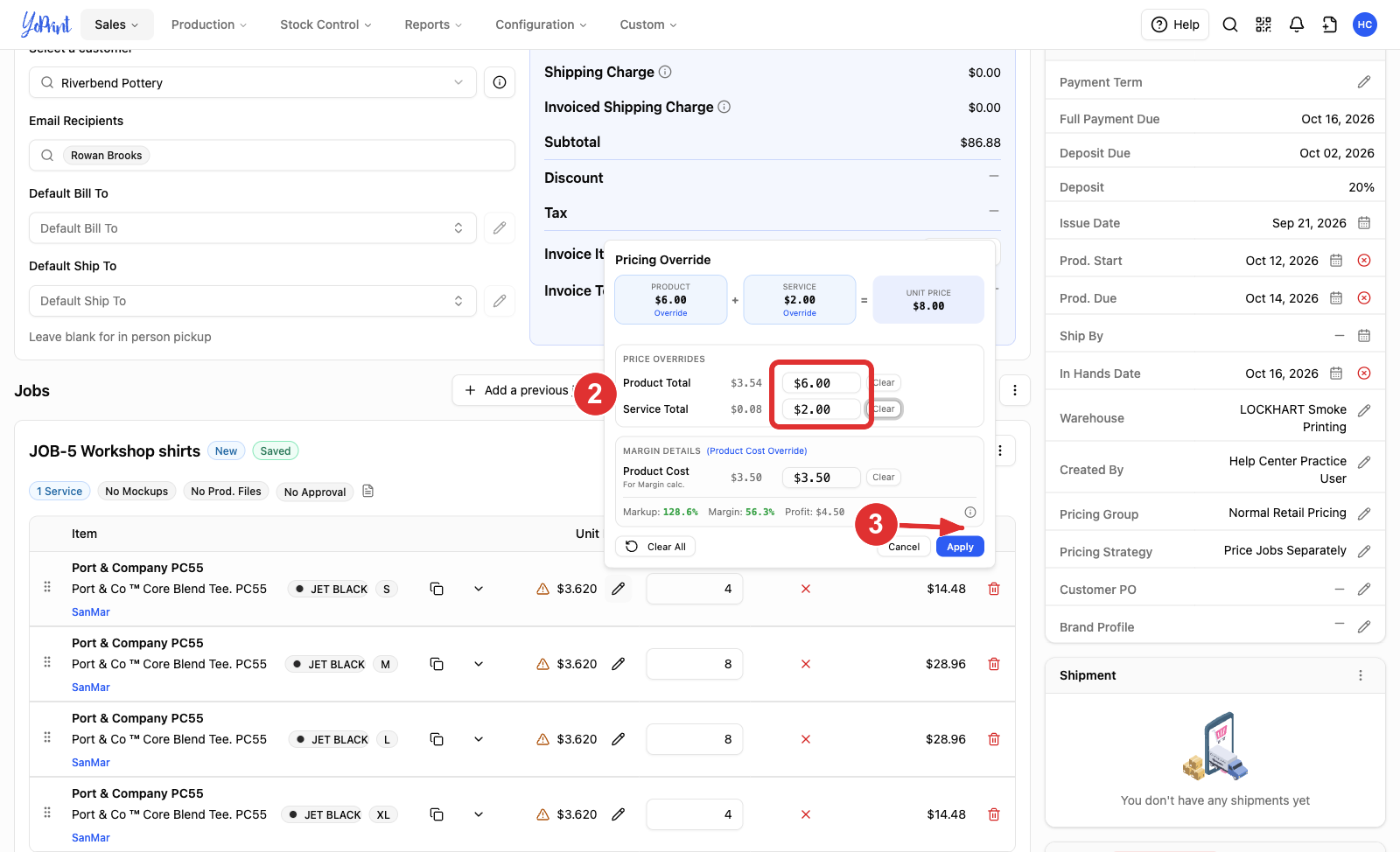 The Pricing Override popover with the two overrides numbered 2 and Apply numbered 3