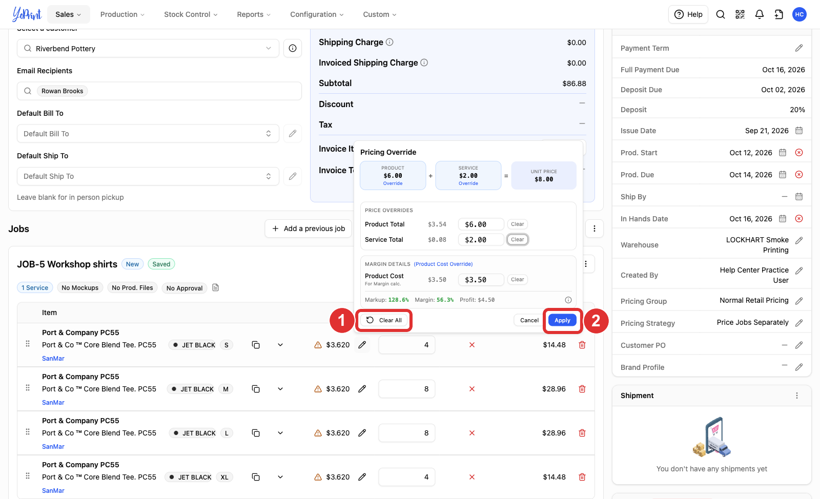 The Pricing Override footer with Clear All numbered 1 and Apply numbered 2