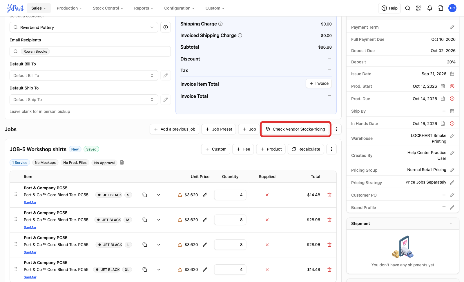 The job toolbar with Check Vendor Stock/Pricing marked