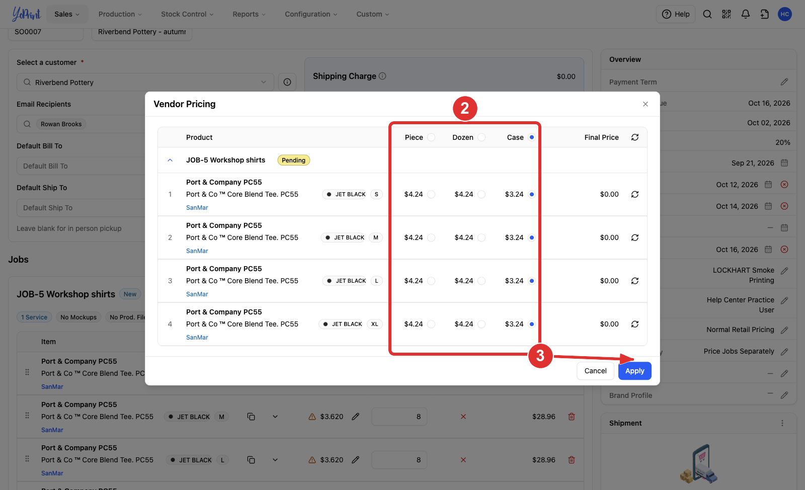 The Vendor Pricing dialog with the Piece, Dozen and Case choices numbered 2 and Apply numbered 3