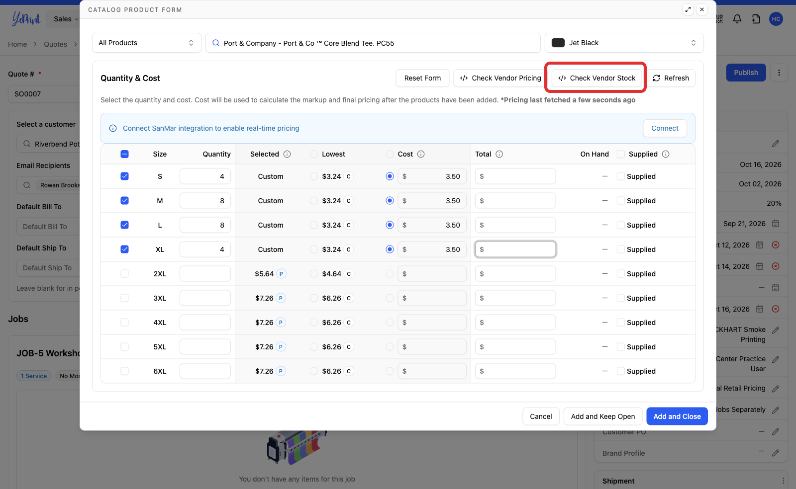 The product form header with Check Vendor Stock marked