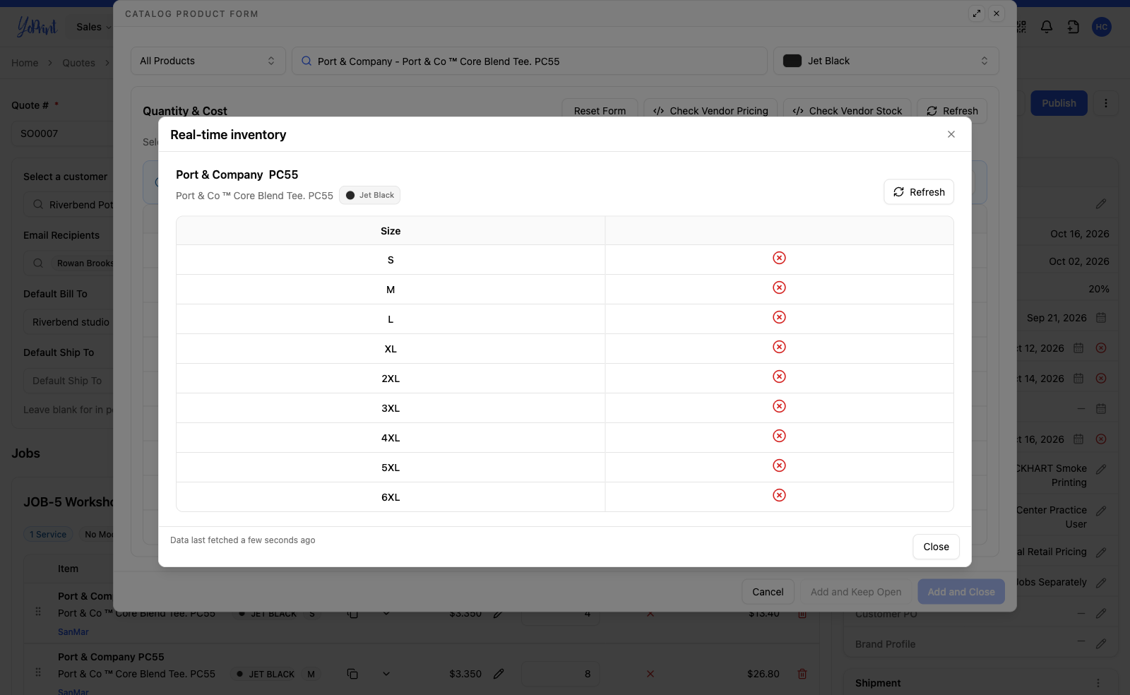 Real-time inventory listing each size with no quantities, on a shop without a connected supplier