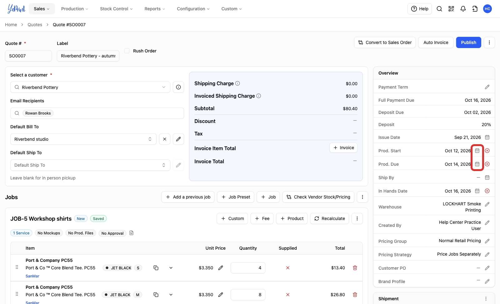 The Overview panel with the Prod. Start and Prod. Due date controls marked