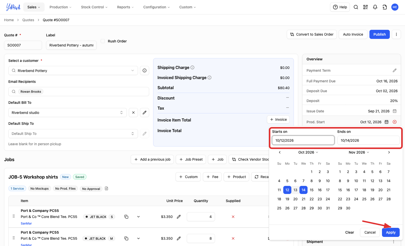 The production date picker with Starts on, Ends on and Apply marked