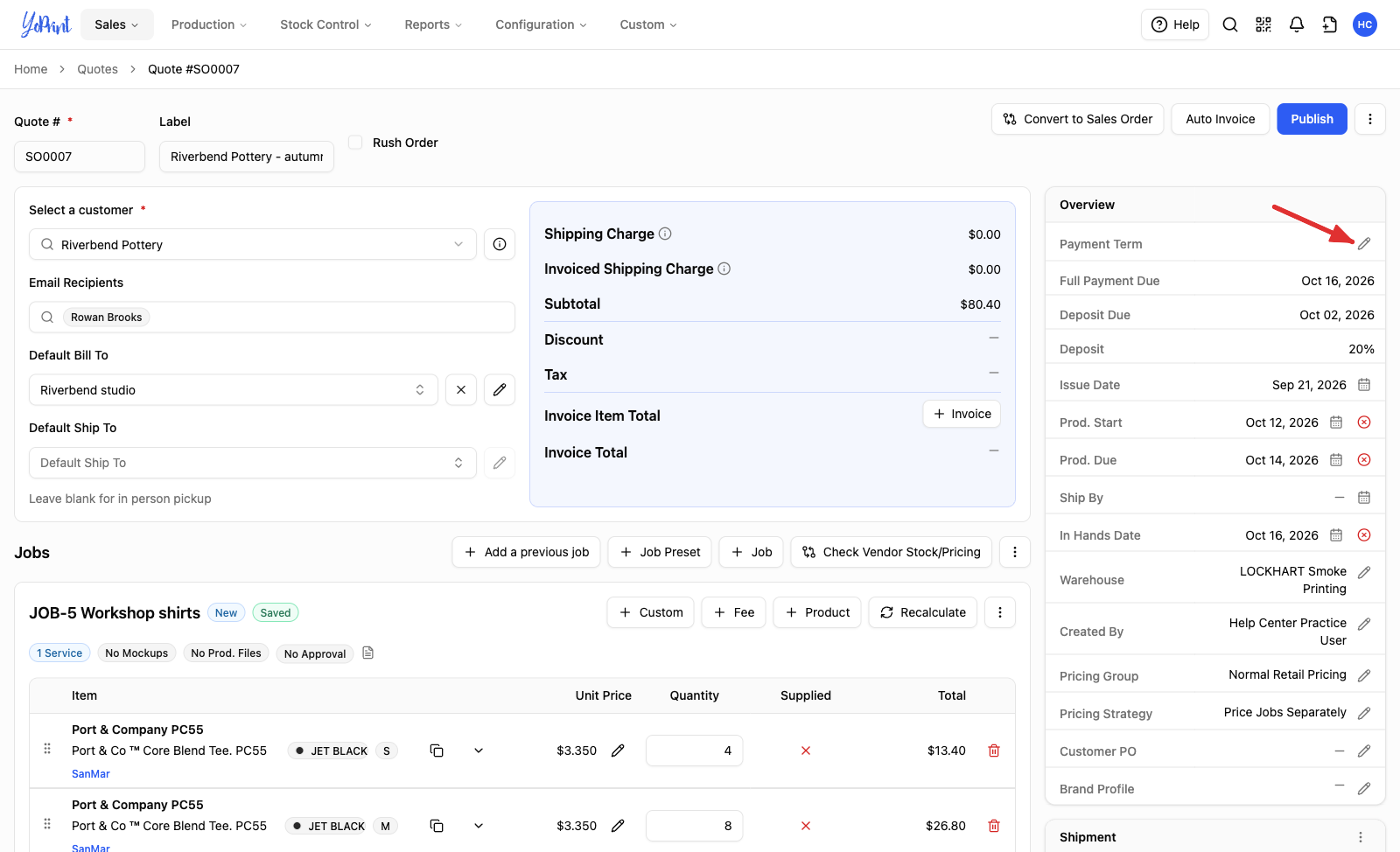 The Overview panel with the Payment Term pencil marked