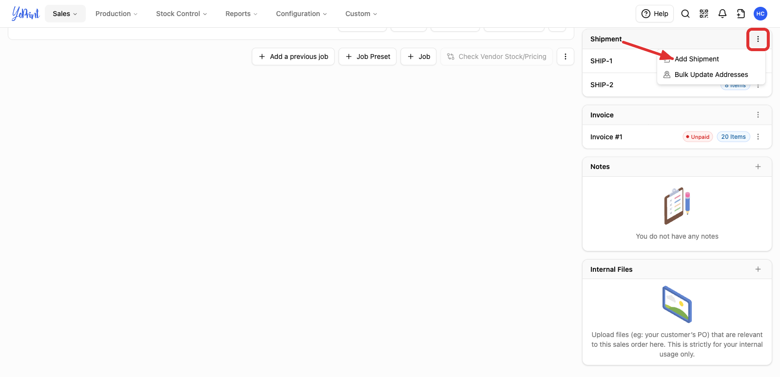 The Shipment panel menu with Add Shipment marked
