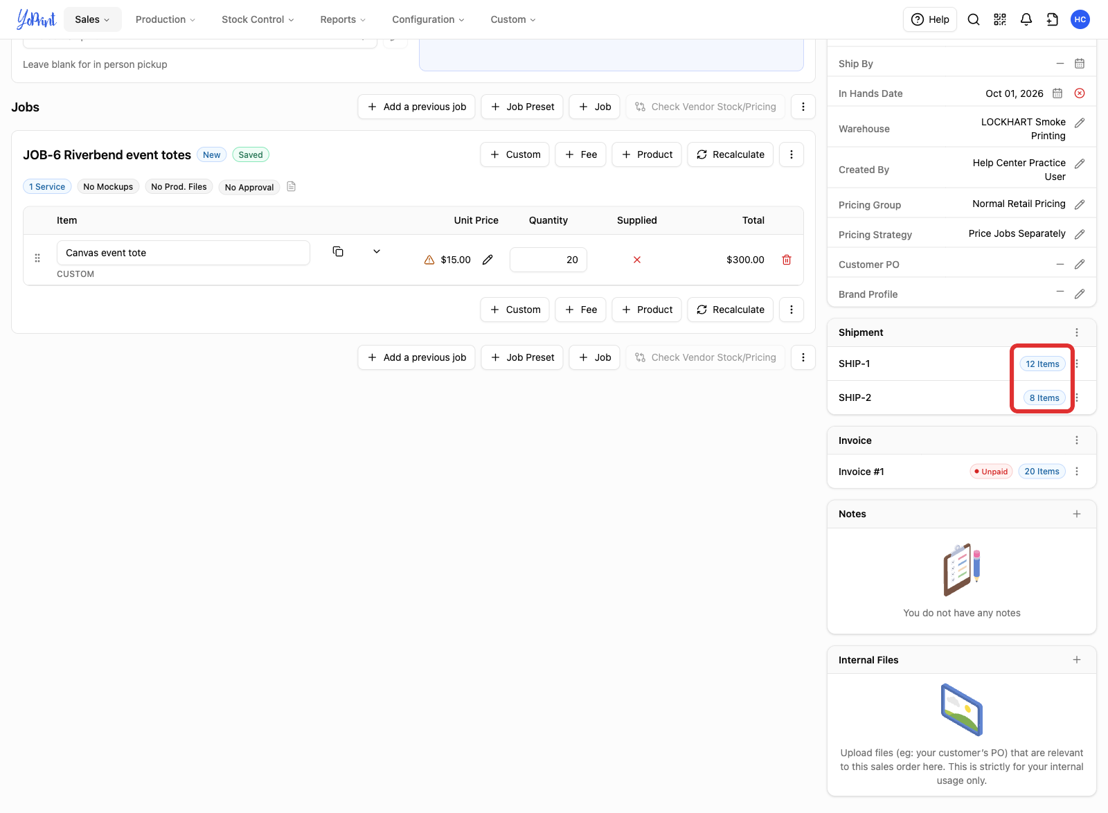 The Shipment panel with two saved shipments and their item counts