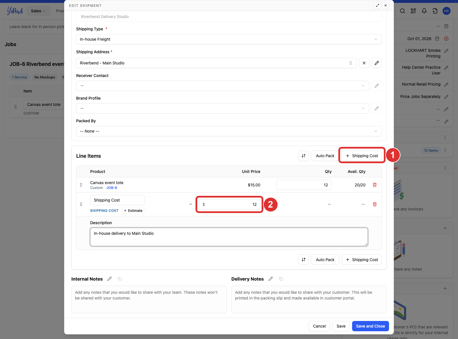 A shipment's Line Items with + Shipping Cost numbered 1 and the amount numbered 2