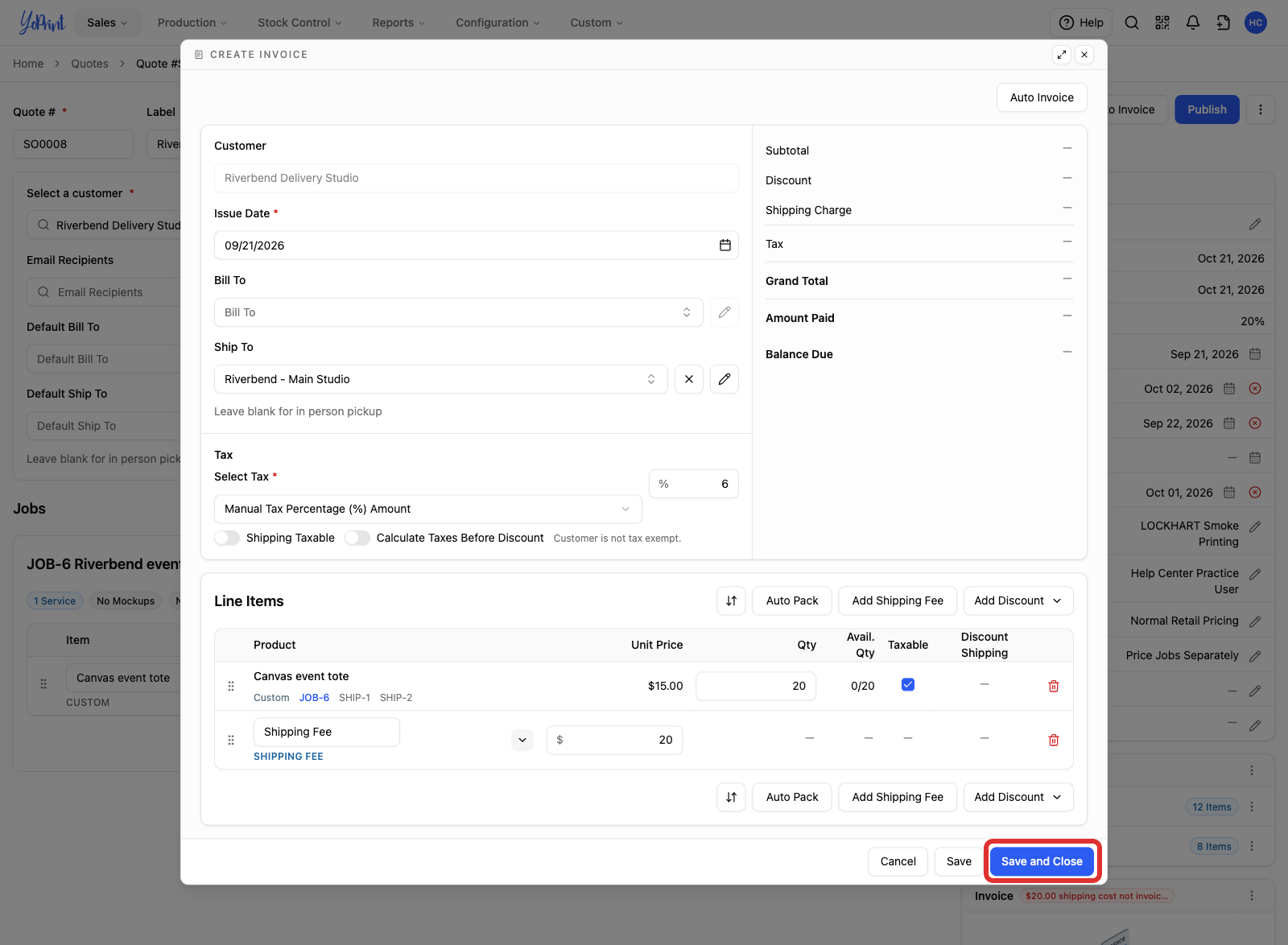 The invoice footer with Save and Close marked