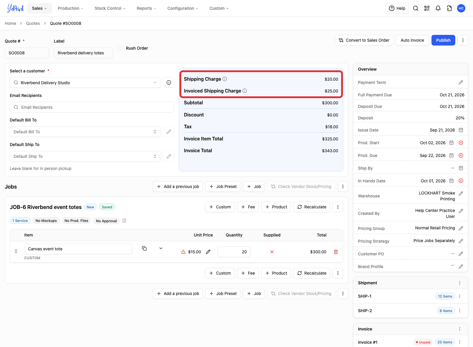 The quote totals showing Shipping Charge and Invoiced Shipping Charge