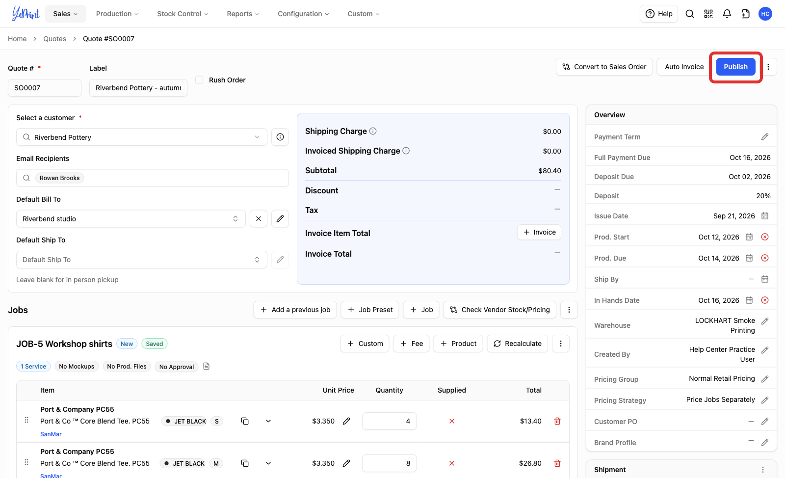 The quote header with Publish marked