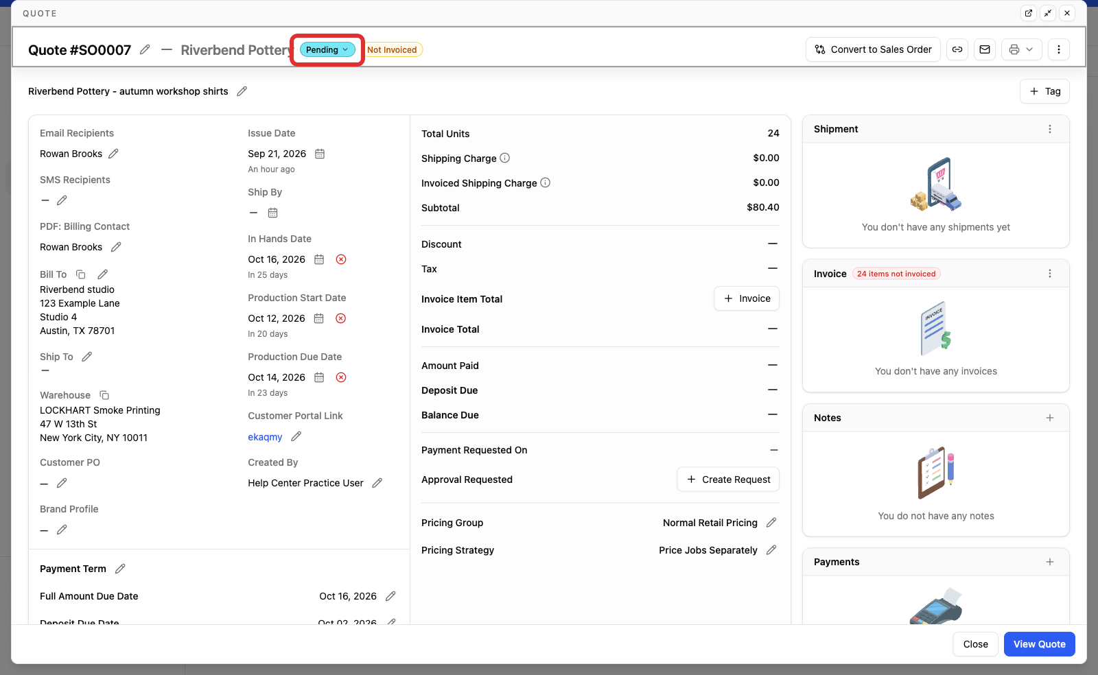 The published quote header showing Pending