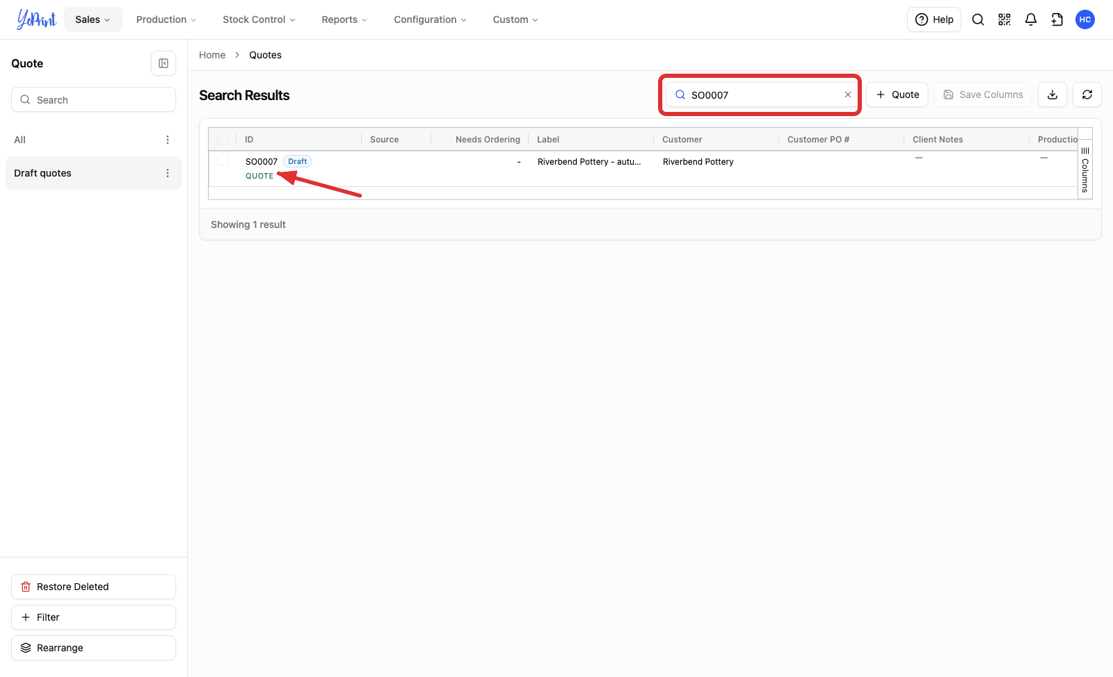 Search results with a draft quote marked