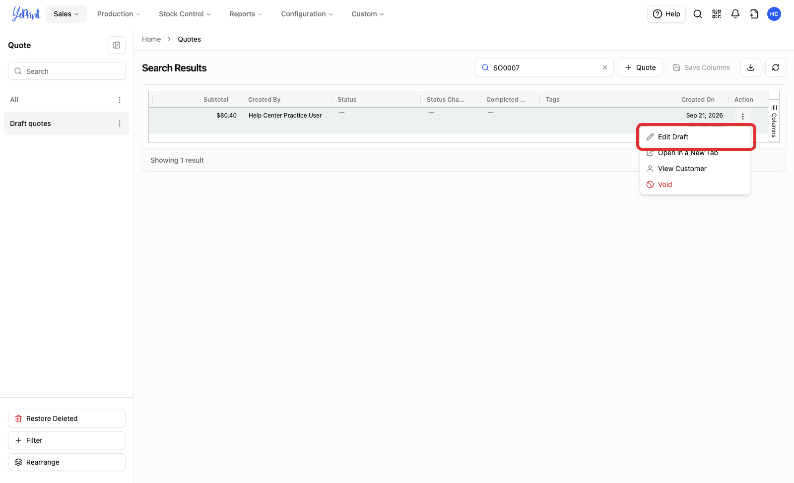 The row's action menu with Edit Draft marked