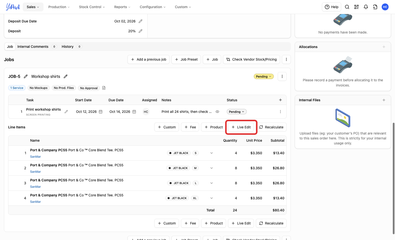 A published job's Line Items with + Live Edit marked