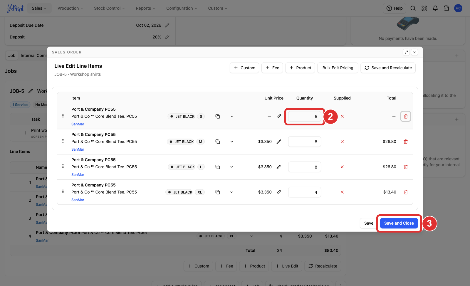 Live Edit Line Items with an editable quantity numbered 2 and Save and Close numbered 3