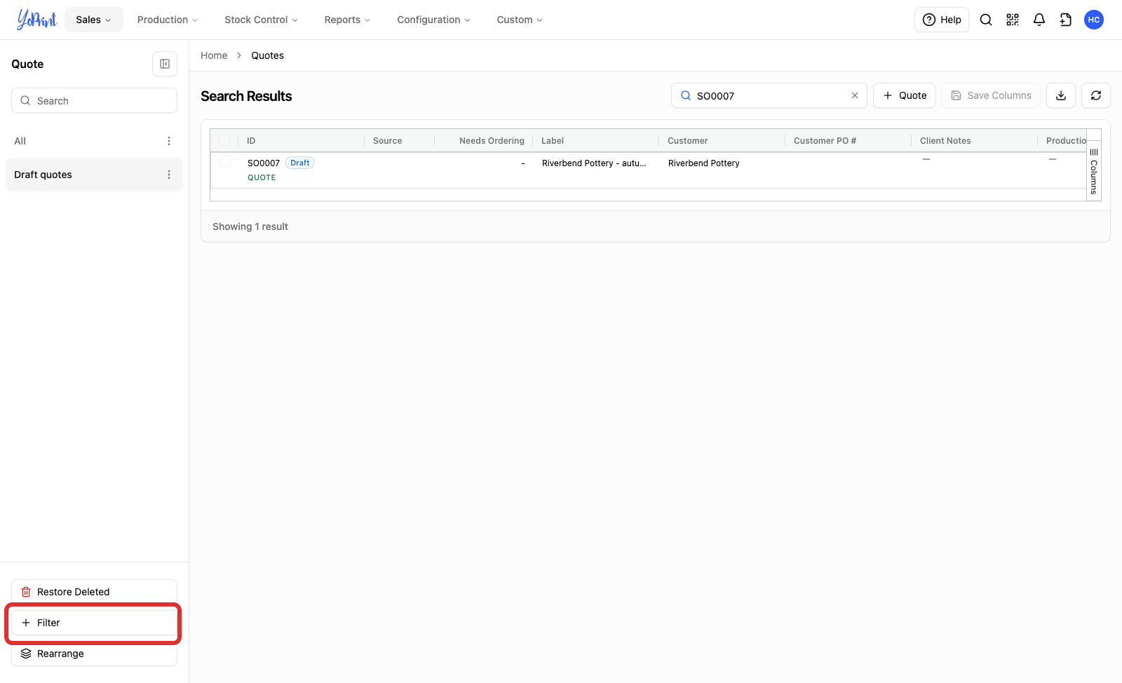 The quote list sidebar with + Filter marked