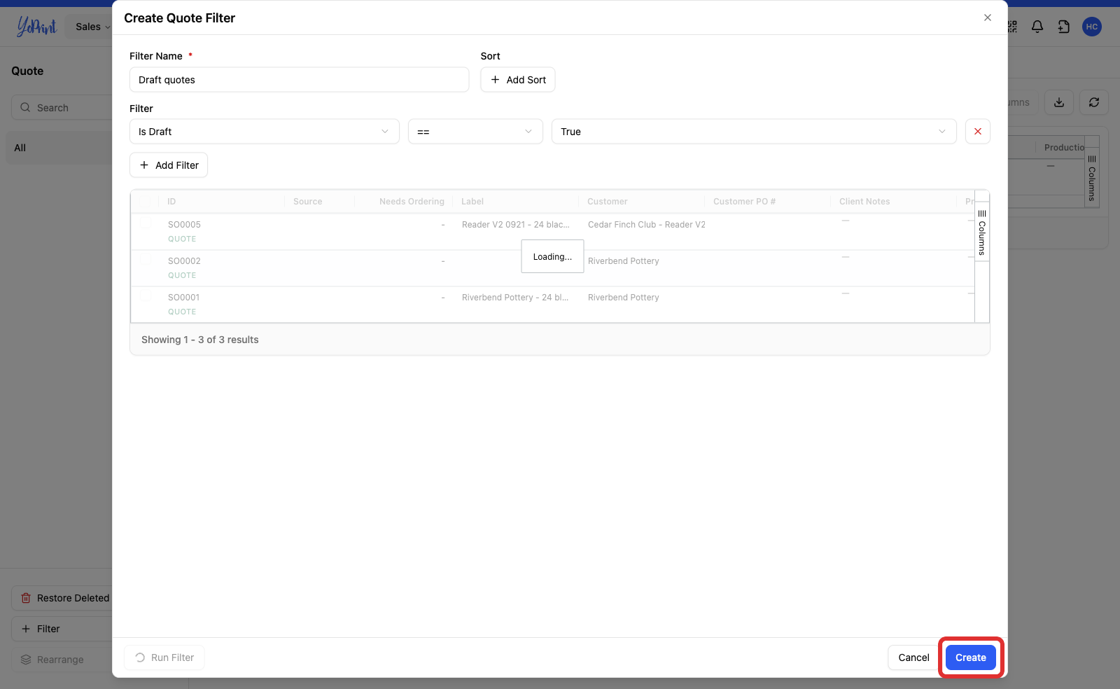 The filter footer with Create marked