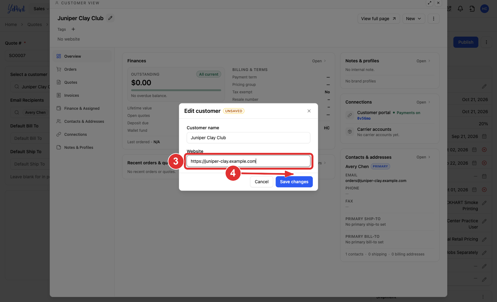 The Edit customer dialog with the changed website numbered 3 and Save changes numbered 4