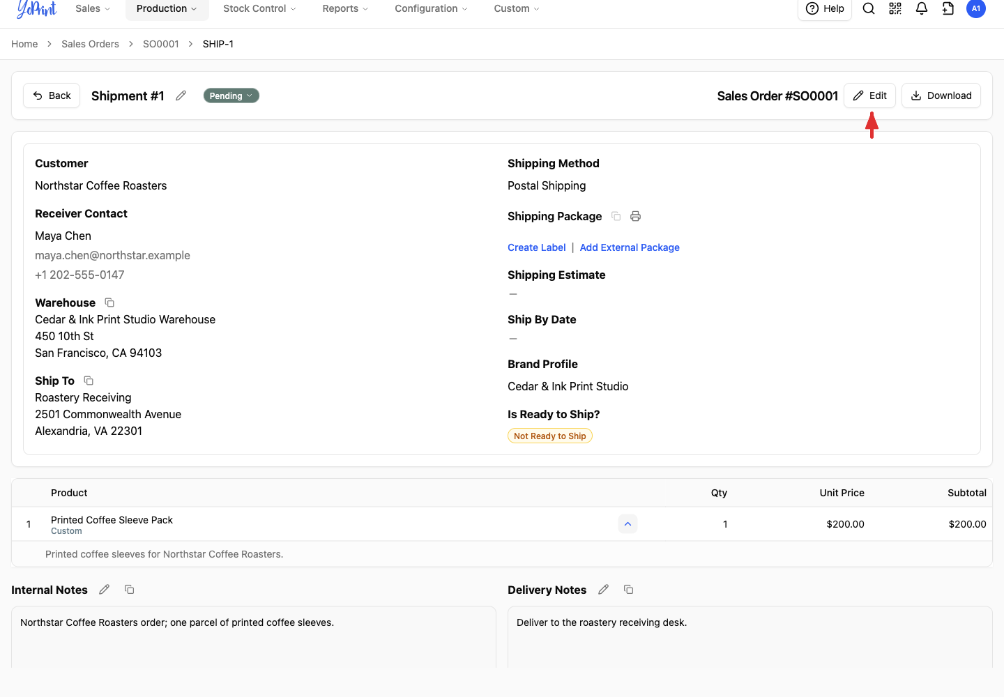 Shipment before label creation, with an arrow pointing to the shipment-level Edit button
