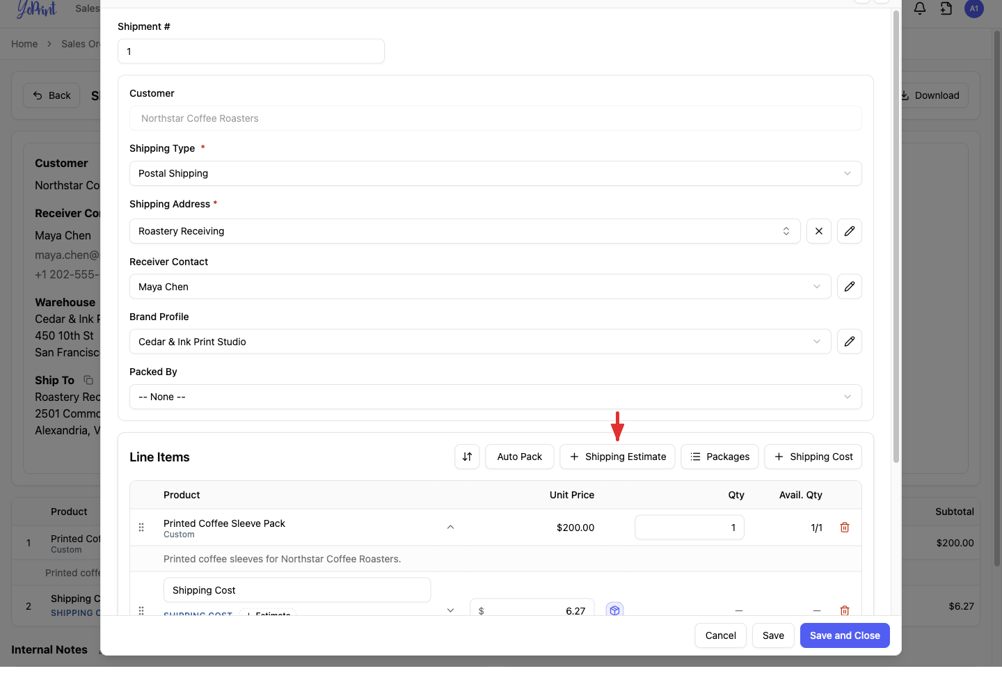 An existing shipment in Edit shipment, with an arrow pointing to Shipping Estimate