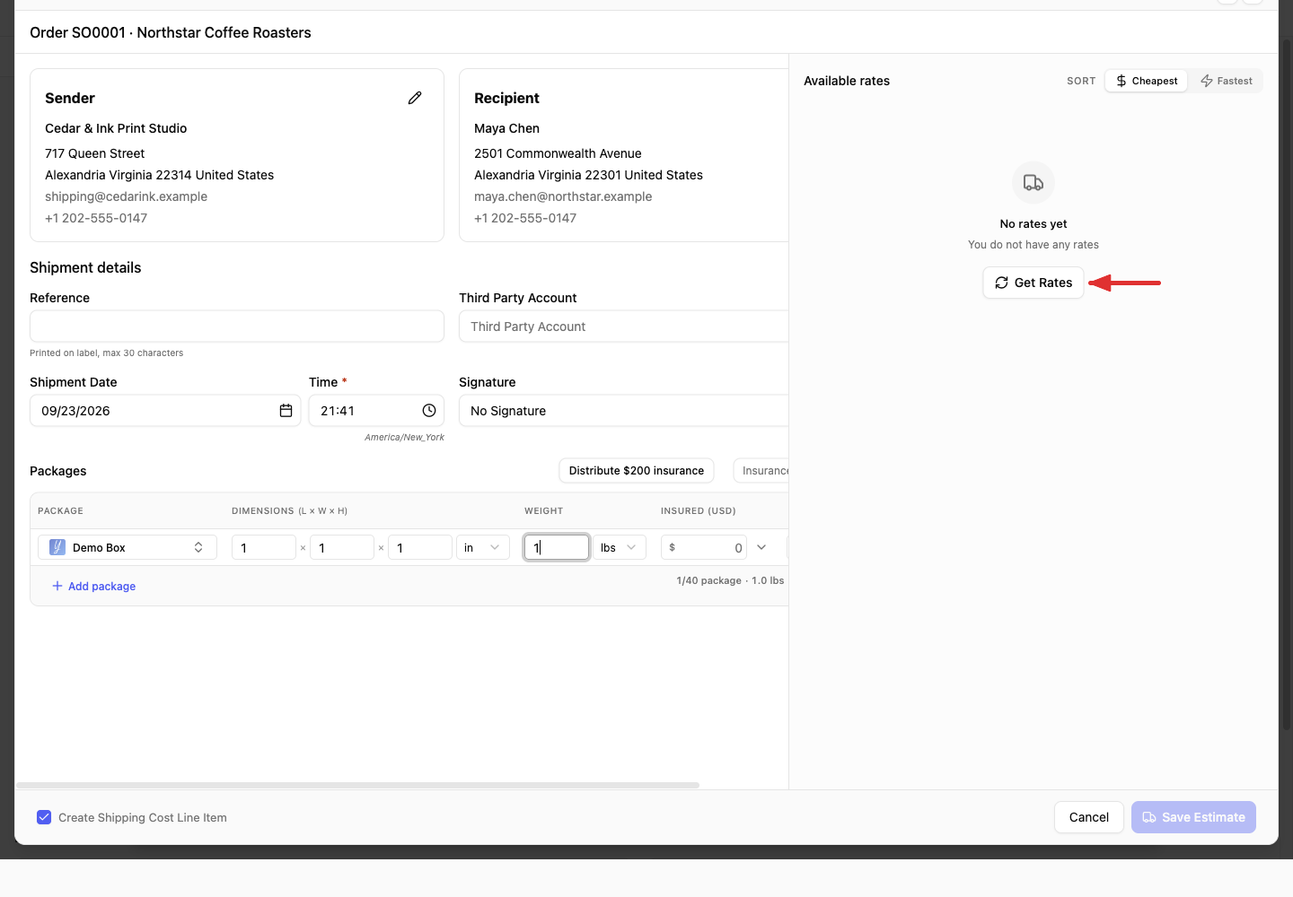 Create Shipping Estimate with parcel details entered and an arrow pointing to Get Rates
