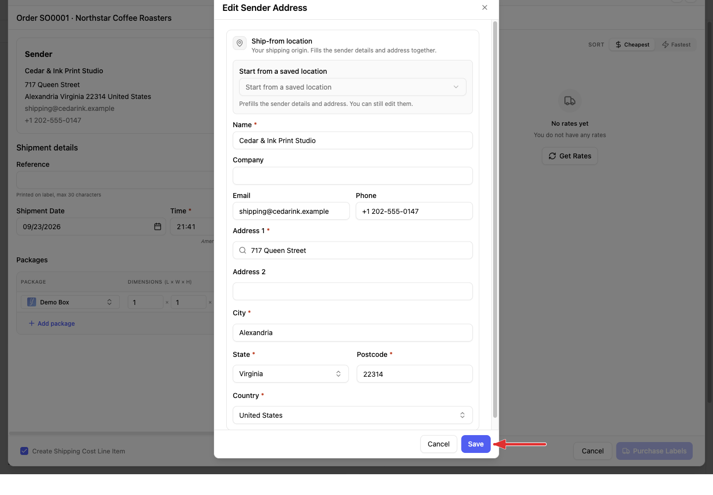 Sender address editor with an arrow pointing to Save
