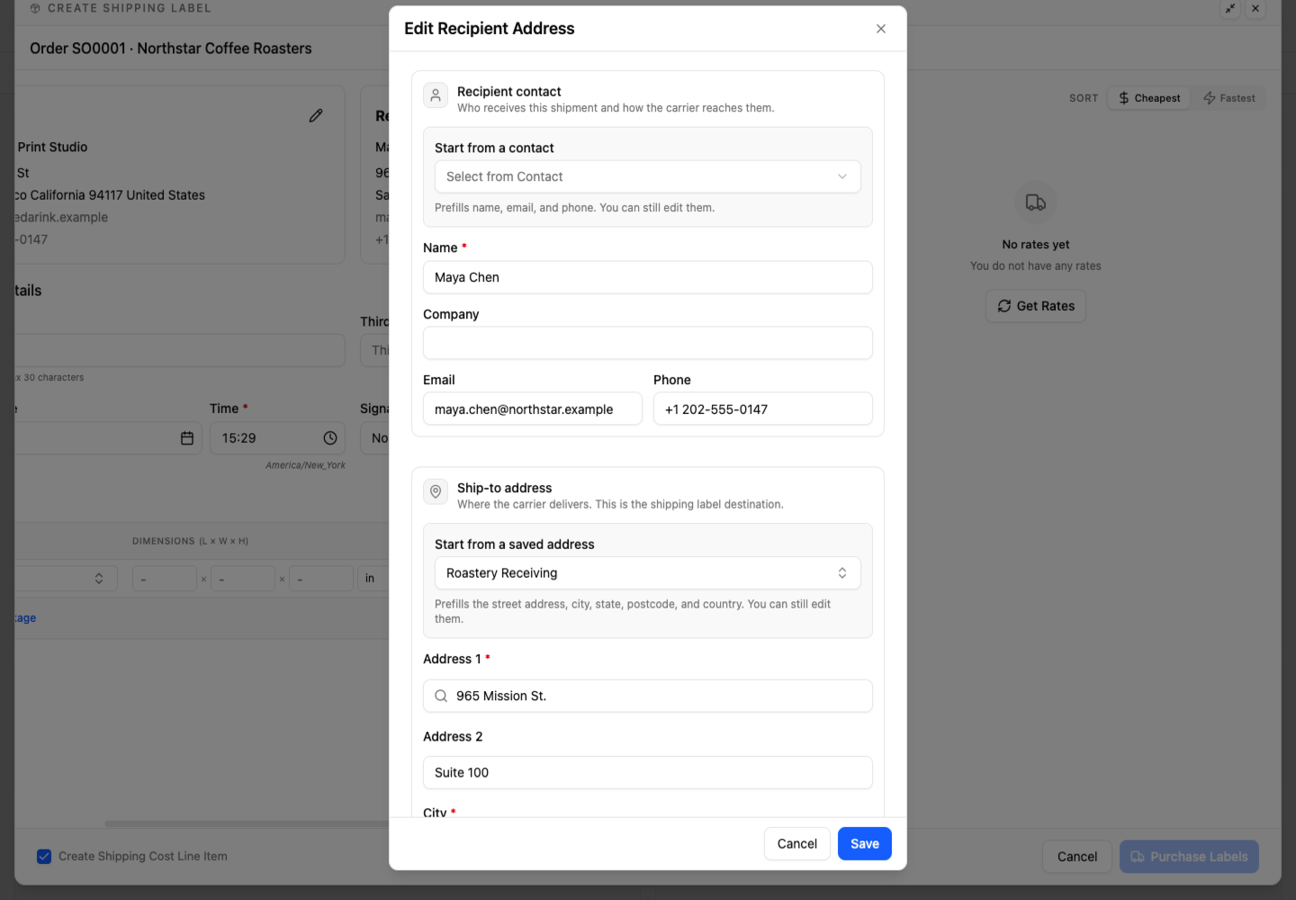 Upper recipient address fields and the Save button
