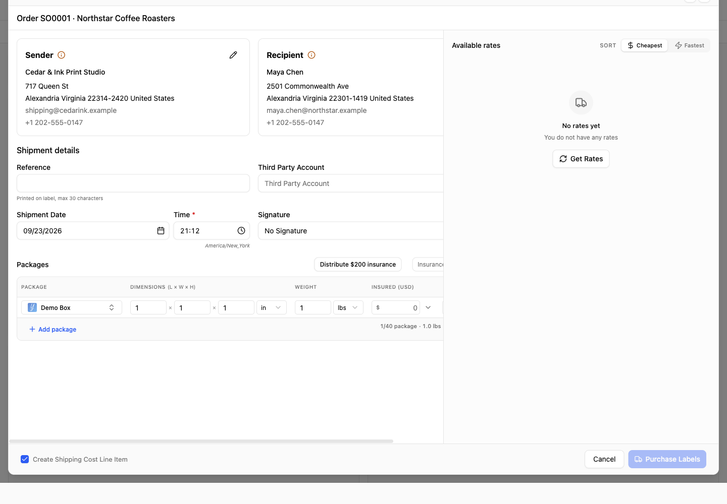 Create Shipping Label with one Demo Box measuring 1 by 1 by 1 inch and weighing 1 pound