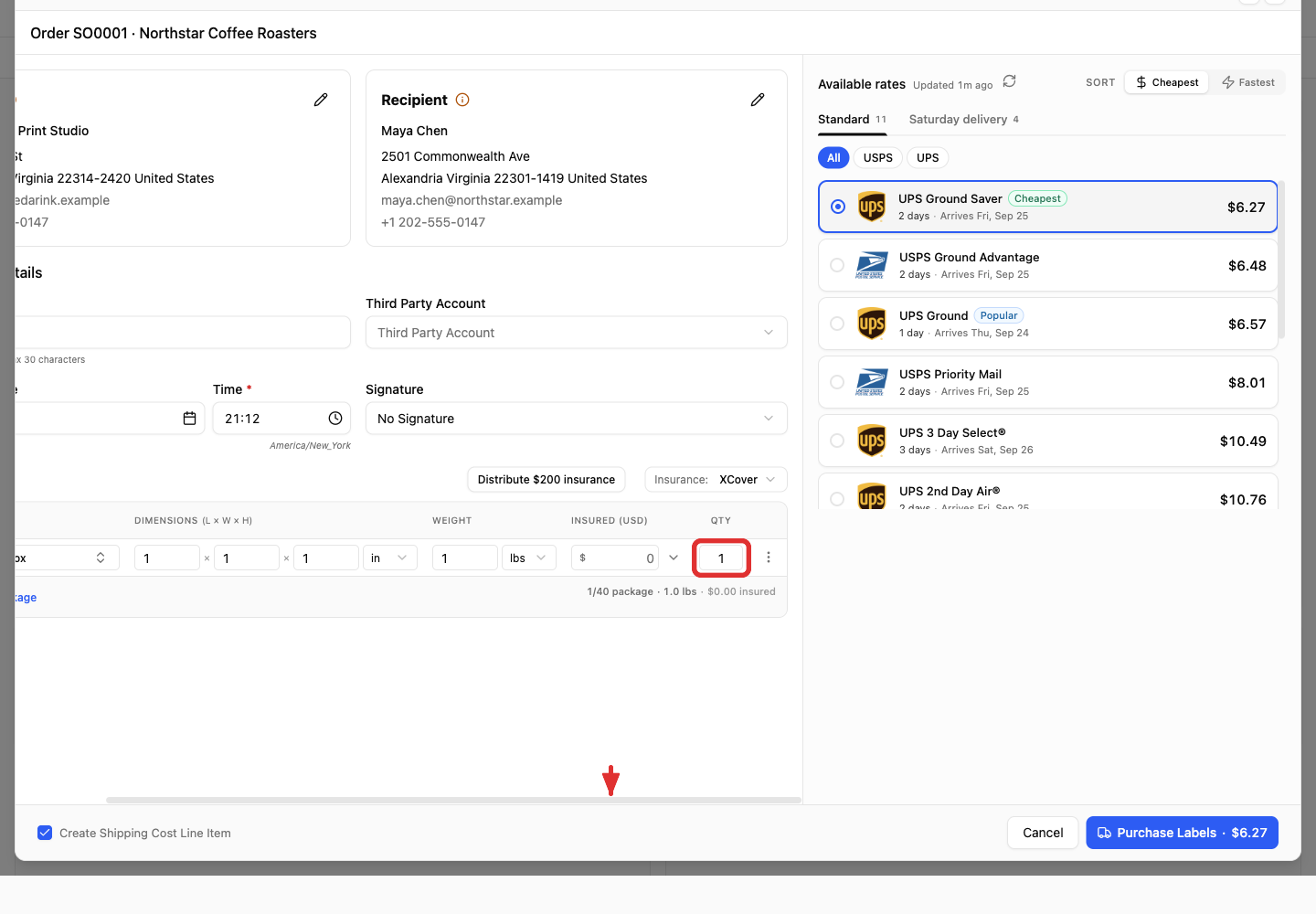 The same selected rate with the package table scrolled right to show quantity one
