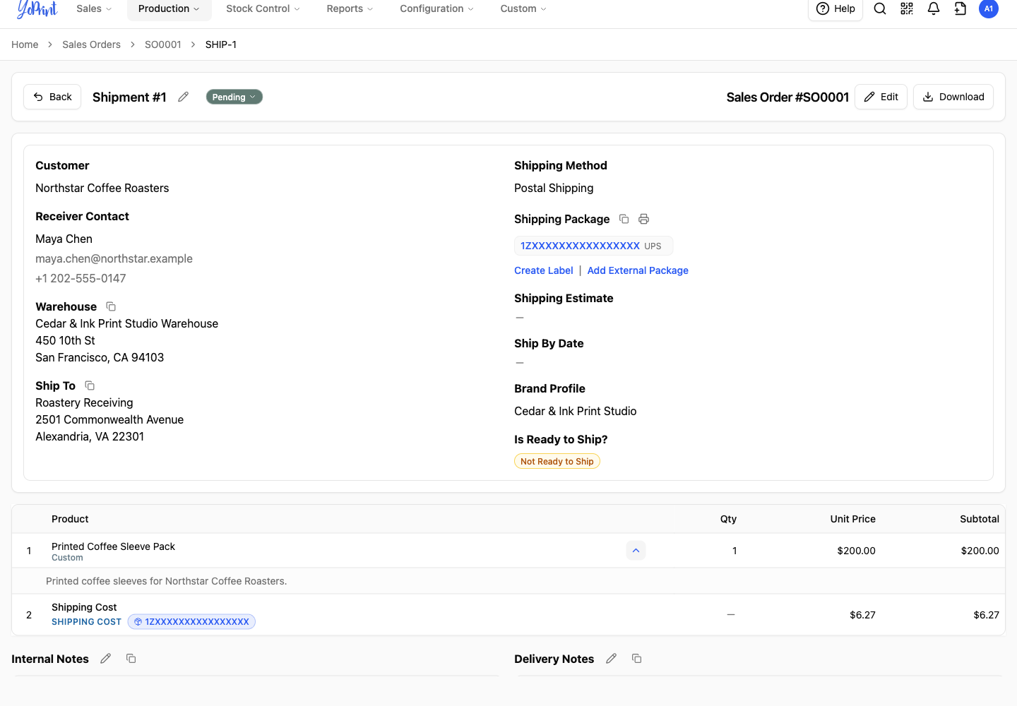 Shipment with the new package tracking link and a 6.27 dollar shipping-cost line item