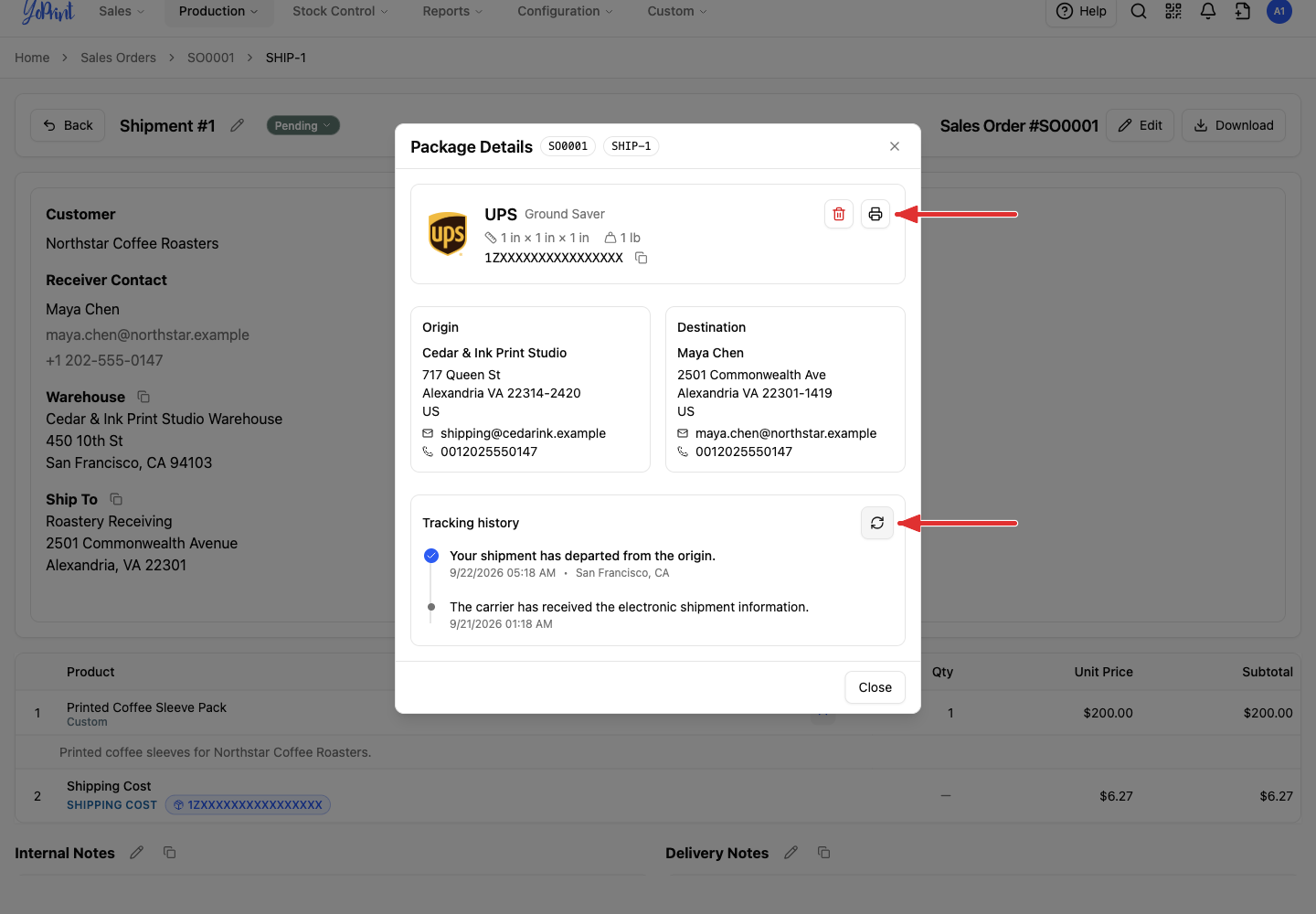 View Packages with a visible trash icon for void review, plus arrows pointing to the printer and tracking refresh icons