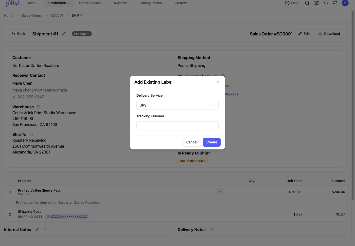 Add Existing Label with Delivery Service and Tracking Number fields