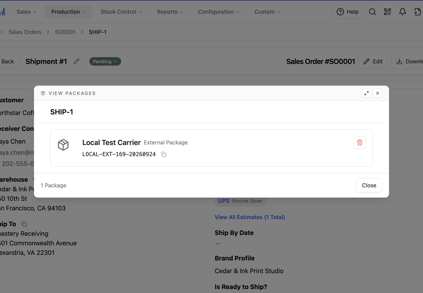 View Packages showing a locally recorded external carrier and tracking number