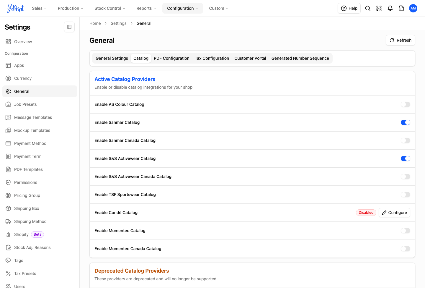 Catalog settings with SanMar and S&S enabled