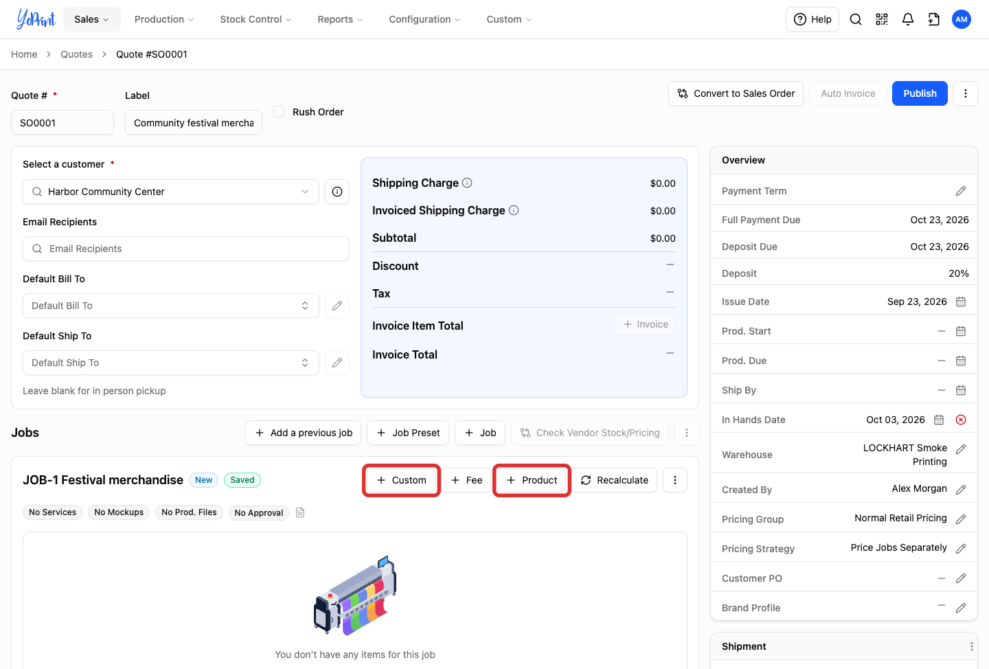 The saved job shows Product and Custom controls