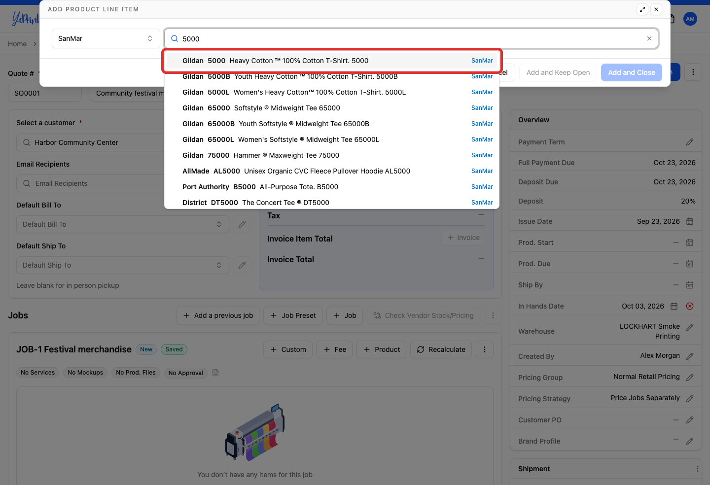 Searching SanMar for 5000 shows matching product choices