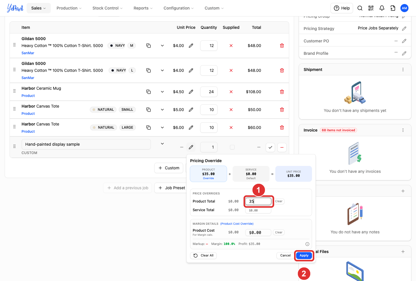 Custom product name and quantity beside the open Pricing Override