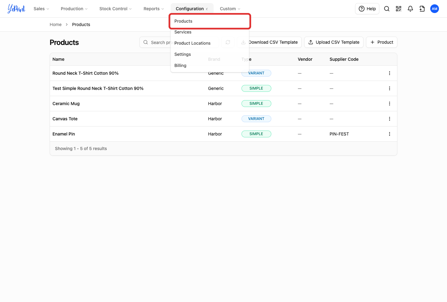 Products in the Configuration menu and the Product button
