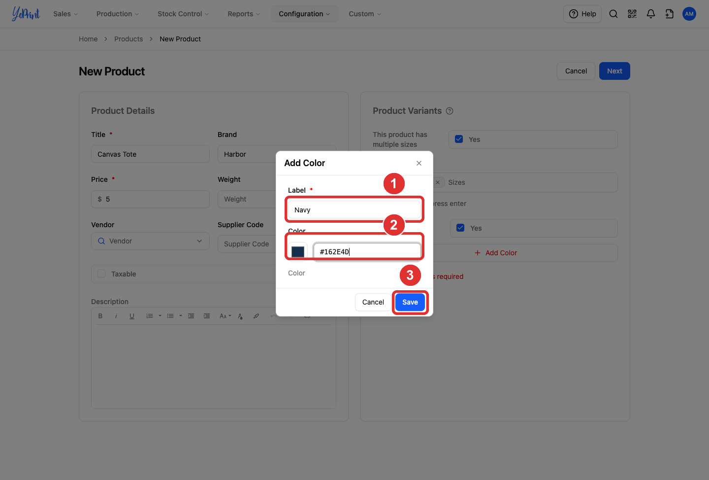 Add Color dialog with a Navy label and color value