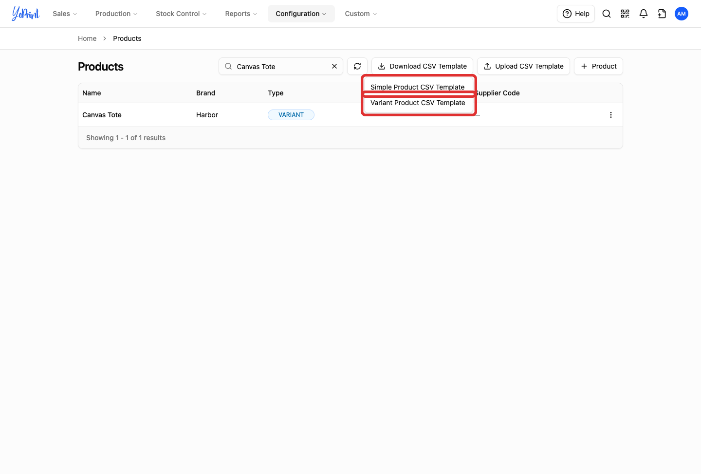 Download CSV Template menu with Simple and Variant choices