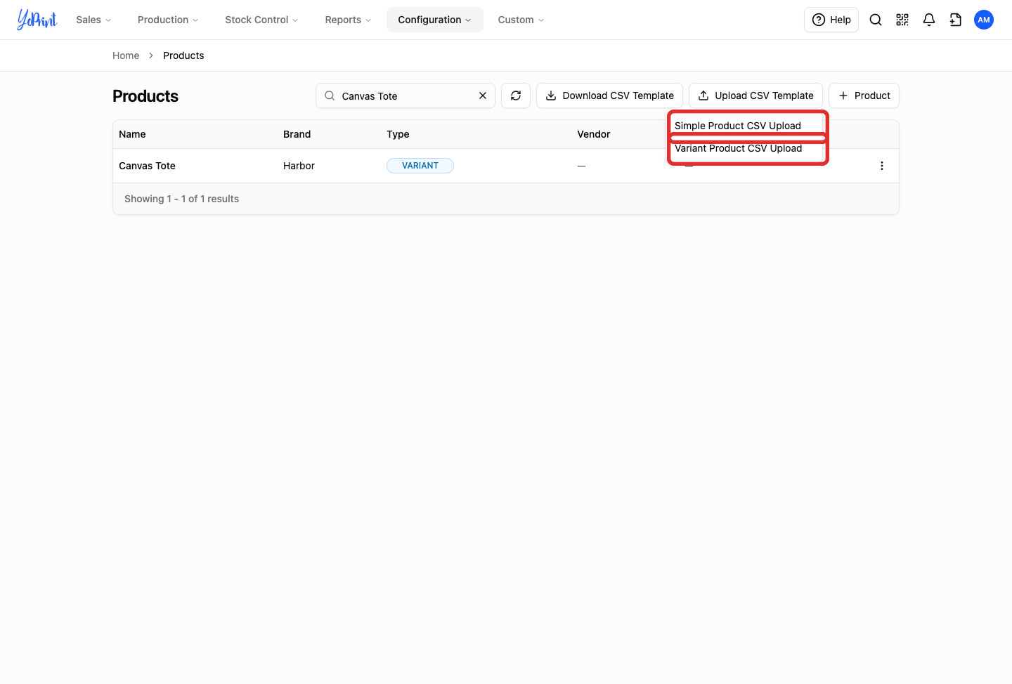 Upload CSV Template menu with both import choices